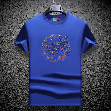 Ouzhanzhou Trendy Men's New Hot Drilling T-shirt Fashionable Slim-fit Large Size Light Luxury Men's Short-sleeved Summer Ice Silk Quick-drying