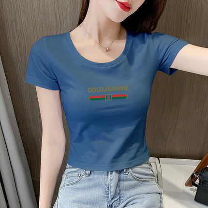 White T-Shirt Women's Short-Sleeved Round Neck Exposed Navel High-Waisted Short Summer Tight-Fitting Crop Top 2025 New T-Shirt