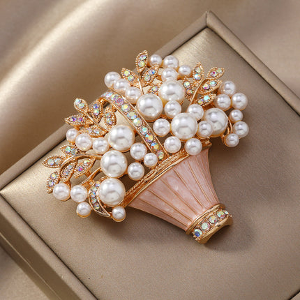 New Glazed Pearl Flower Brooch Fashion Flower Basket Potted Pin Ancient Vintage Personalized Rhinestone Accessories