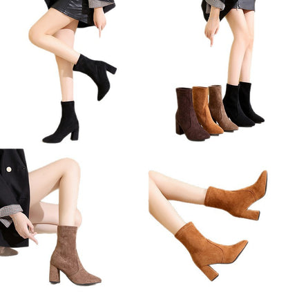 2025 Autumn and Winter New Style Thick-Heeled Fashion Short Boots for Women, Sock Boots for Petite Figures, High-Heeled Slim Boots, Black Ankle Boots
