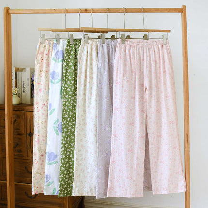 Japanese-Style Simple Cotton Gauze Pajama Pants Spring and Summer Full Cotton Printed Casual Loose Plus-Size Women's Long Home Pants