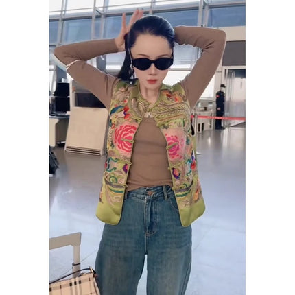 2024 Early Spring New Style Small New Chinoiserie Retro National Style Old Money Tang Suit Green Buckle Vest Women's Work Clothing