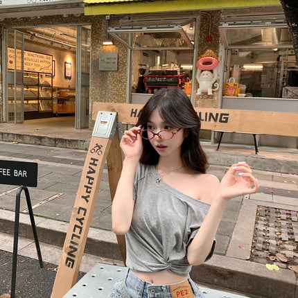 Gray Off-Shoulder Short-Sleeve T-Shirt for Women, Summer Design with a Unique Twist, Off-Shoulder Slim-Fit Crop Top for a Hot Girl Look