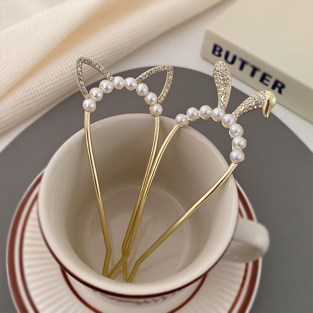Vintage Alloy Hairpin for Women with Cat Ears, High-End Ancient Style Hair Accessory, Pearl Hairpin for Cheongsam