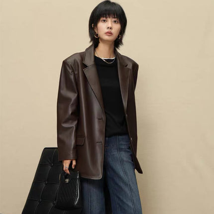 Korean Style PU Leather Suit Jacket Women's 2025 Spring and Autumn New Slimming High-end Temperament Top 89418300