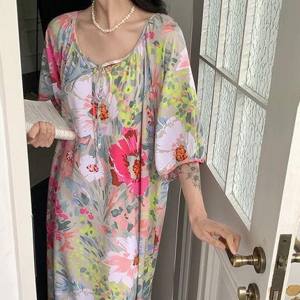 Mishiti Cotton Silk New Chinese Style Short-Sleeved Nightgown for Women, Summer Thin Style, National Style Cotton Silk Home Wear, Can Be Worn Outside