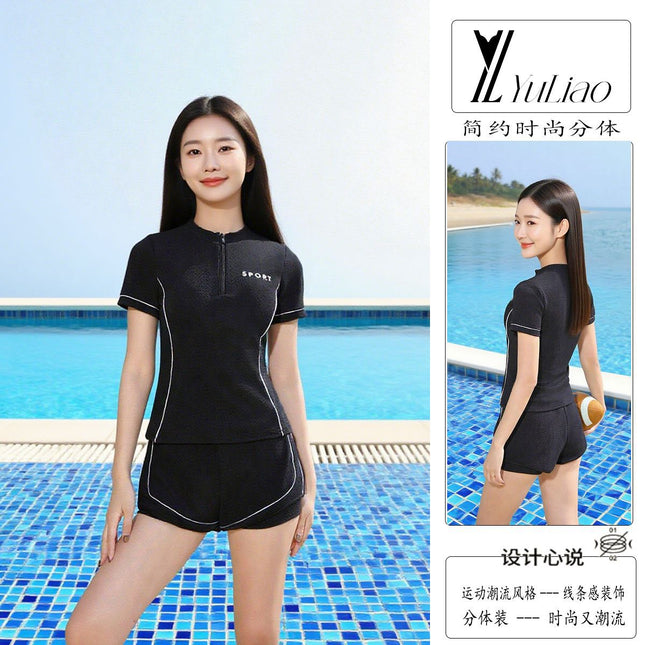 Sports Style 2025 Split Solid Color Suit Swimsuit Women's Short-Sleeved Quick-Drying High-End Slimming Look Hot Spring Vacation Swimsuit