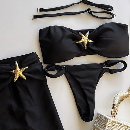 Three-piece Sling 2025 New Bikini European and American Sexy Bikini Solid Color Cross-border Split Swimsuit Bikini