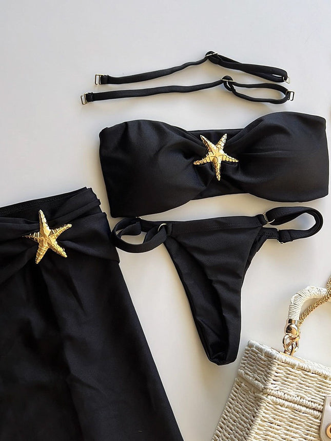 Three-piece Sling 2025 New Bikini European and American Sexy Bikini Solid Color Cross-border Split Swimsuit Bikini