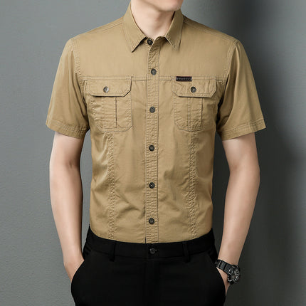 Summer Youth Men's American Style Outdoor Tooling Short-sleeved Shirt Men's Middle-aged plus size Multi-pocket Lag Tooling POLO