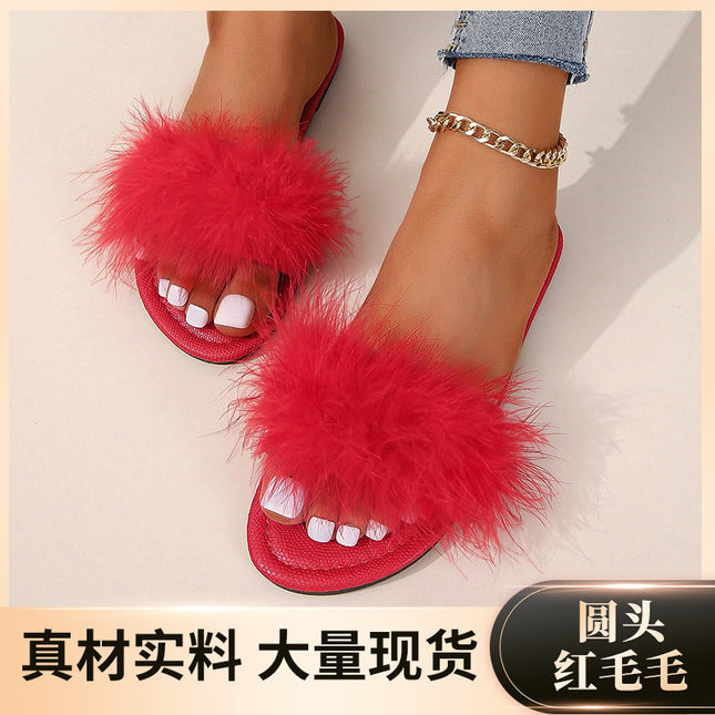 Artificial PU material can be worn flat sandals and slippers women's logo round head red fluffy viscose shoes