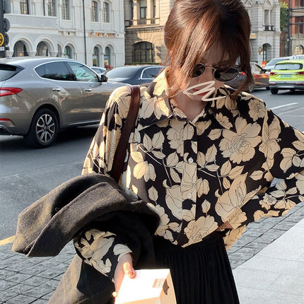 Personalized Printing ~ Retro Elegant Niche Hong Kong Style Long-Sleeved Shirt for Women Spring & Fall New Loose Casual Lapel Shirt