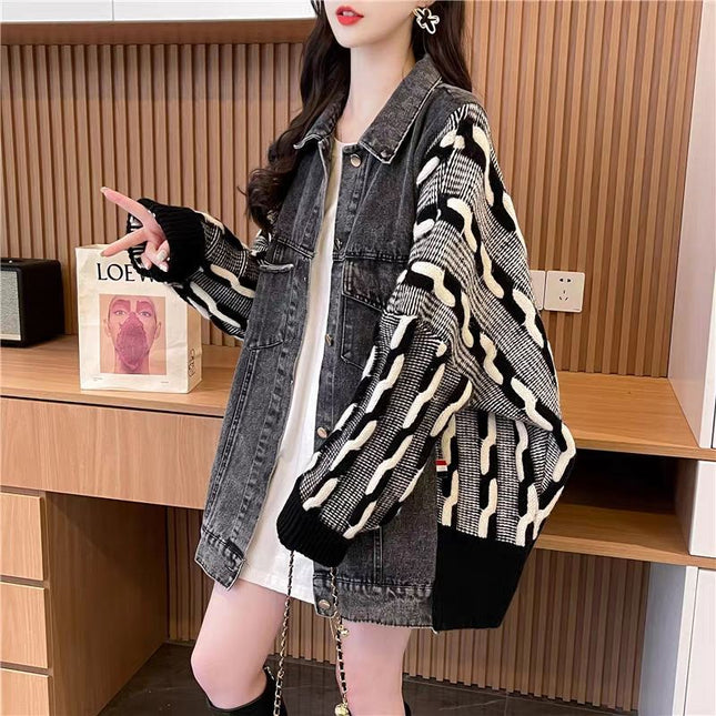 Design Sweater Stitching Denim Coat Women's Autumn and Winter 2024 New Loose Lazy Thickened Western Style Top