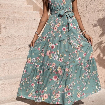 【Code】Summer Vacation Floral Dress with Floral Print, Butterfly Sleeves, Ruffled Belt, Vacation Style, Light Luxury