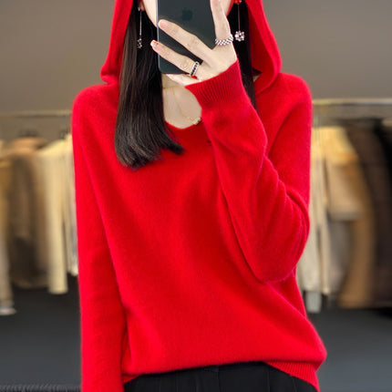 First-Line Garments 100 Pure Wool 2025 Spring New Women's V-Neck Hooded Sweater Pullover Short Needle Sweater