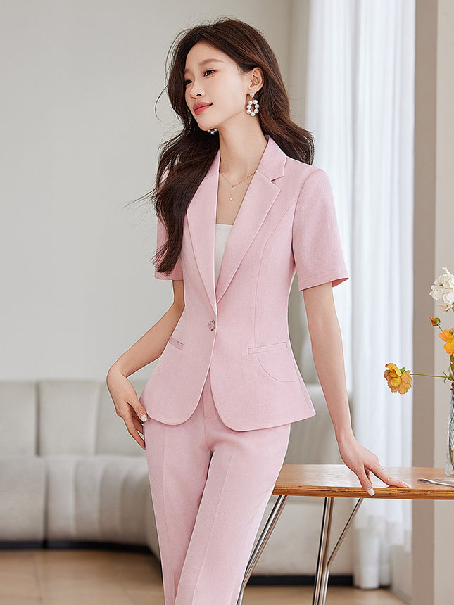 Cross-Border Pink Blazer for Women, New Summer Style, Slim Fit, Petite Workwear, Short-Sleeved Suit Set, Two-Piece Set