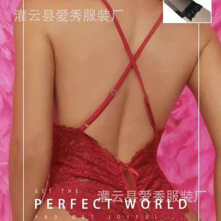 New European and American plus size sexy underwear perspective sexy lace open crotch halter bow conjoined underwear