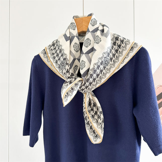 Double-Sided Silk Wool Scarf for Women in Autumn and Winter, Silk Wool 70 Square Scarf, Warm and Dual-Purpose, Versatile Elegant, Air-Conditioned Neck Protector for Women