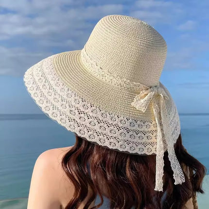 [Great Value] French Style Socialite Flat Top Hat 2025 New Summer Elegant Pearl String Sunshade Woven Straw Hat
