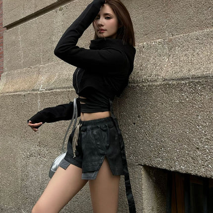 Subhuman | Dark Style Mainline Black Shorts with Elastic Waistband and Drawstring, Slimming Wax Finish, Versatile and Slimming.