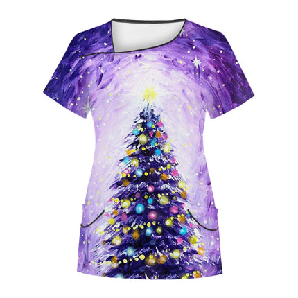 Cross-Border Aliexpress Amazon Women's Short-Sleeved Christmas Positioning Printed Flap Pocket Pants Top Scrub Clothes T-Shirt