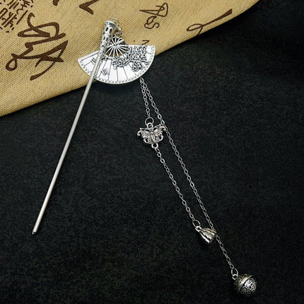Antique Silver Fan Hanging Bell Hairpin Chinese High-end Hairpin Hair Hairpin Women's Hanfu Accessories Hair Accessories Xiuhe Headdress