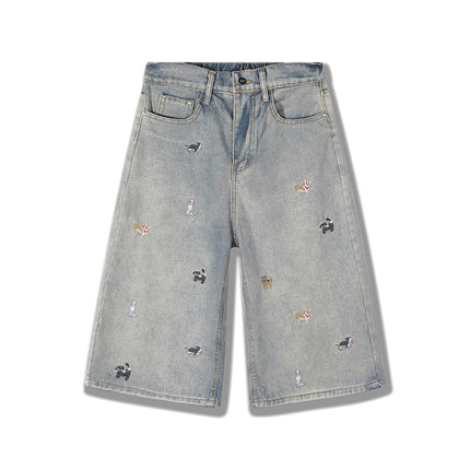 Vintage Washed Denim Shorts with Dog Embroidery for Men and Women, Summer Trendy Loose Fit Versatile Wide-Leg Cropped Pants
