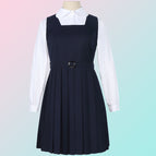 Dark blue (dress) + women's white round neck long-sleeved shirt + belt / XS