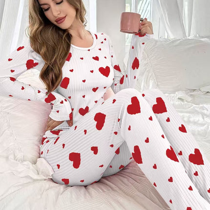 Cross-Border Temu Amazon Hot-Selling Comfortable and Simple Heart-Printed Pajamas for Women Long-Sleeved Pants Home Wear Set
