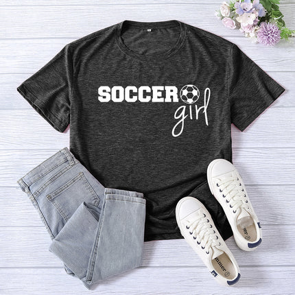 Amazon cross-border foreign trade soccer girl printed women's round neck top T-shirt summer casual European size plus size