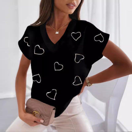 2023 New Hot Independent Station Loose V-neck Love Printed Short Sleeve T-Shirt for Women