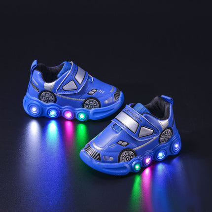 Foreign trade induction lamp shoes boys spring and summer new cartoon car boys and girls sneaker velcro bright light shoes tide