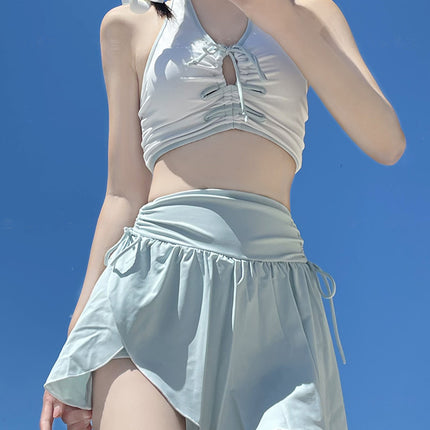 2025 New Swimwear Female Student Split Sports Long-sleeved Pure Desire Elegant Hollow High Waist Slim-fit Anti-light Blouse