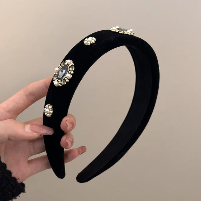 Black Velvet Rhinestone Pearl Headband Luxury High-End Hair Accessory New Style with Rhinestone Embellishments