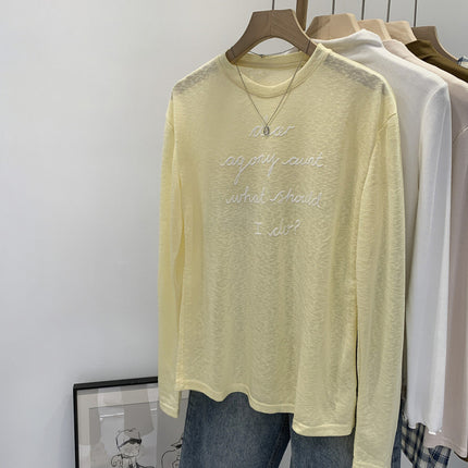 Summer Ootd Lyocell Tencel Fashion Letter Print Mint Green Long-Sleeved T-Shirt for Women 2025 New Style Right Shoulder