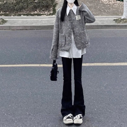 175 Tall Women's Black Bootcut Jeans for Autumn and Winter High-Waisted Elastic Slim Slim Flared Floor-Length Pants