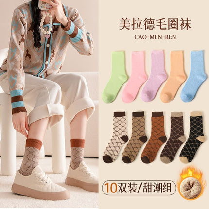 Grassman Socks Women's Pure Cotton Autumn and Winter fleece-lined Thickened Mid-tube Socks Light Luxury Fashion All-match Winter Warm Towel Socks