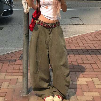 Vintage Long Pants for Women, Deconstructed Versatile High Street Wide-Leg Straight Casual Pants, Men's Style, Spring and Autumn Design, Loose American Green