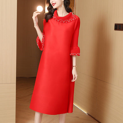 European and American fashion new still spring new western style nail bead loose temperament pleated plus size dress