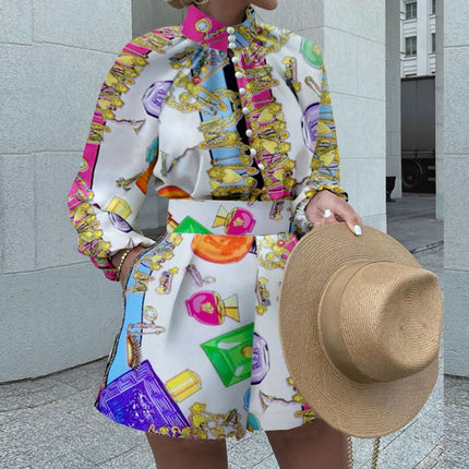 Fd437 Spot 2023 European and American Autumn and Winter Women's Clothing Shopify Printed Long Sleeve Top Shorts Set Two-Piece Set
