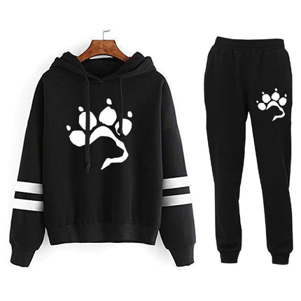 AliExpress Amazon Cross-border Love Dog Foot Print Parallel Bars Striped Print Hooded Sweatshirt suit Ladies