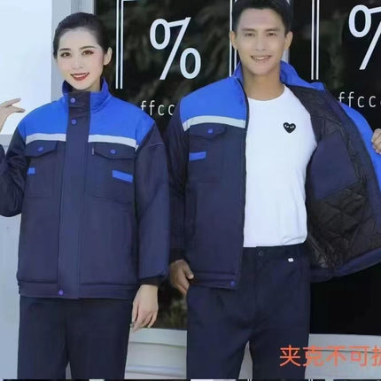 Winter Thickened Jacket, Mid-Length Workwear with Patchwork Shoulders, Cotton-Padded Jacket for Auto Repair, Construction Site, Factory, Cold Storage, and Warmth