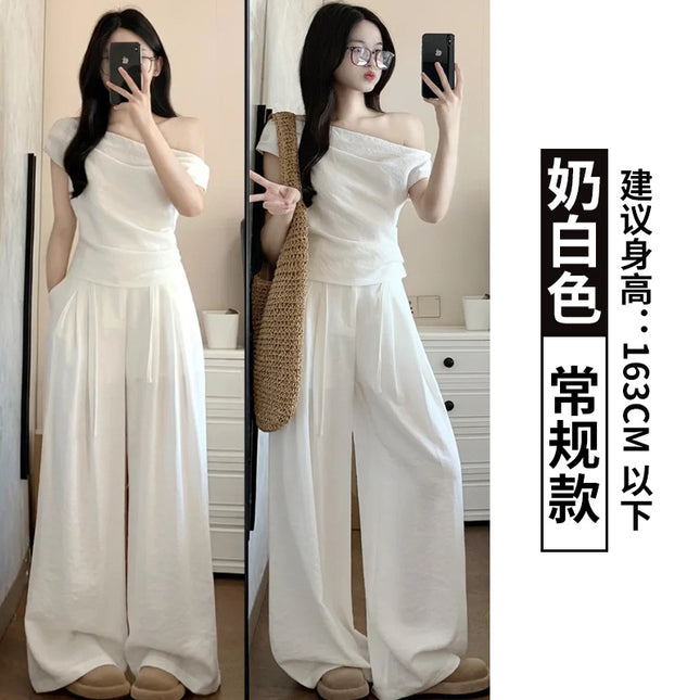 White Milk-Colored Suit Pants for Women, Summer Thin High-Waisted Slimming Drape Wide-Leg Pants for Petite Figures, Loose Straight-Leg Trousers