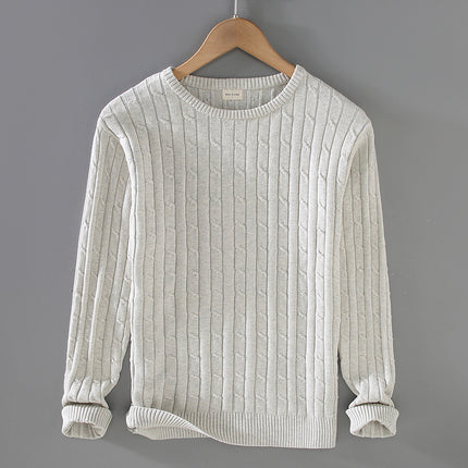 Men's Autumn and Winter Thick Knit Sweater, Pure Cotton Solid Color Knit Sweater, Cable Knit, Slim Fit, Trendy Round Neck, Lazy Style