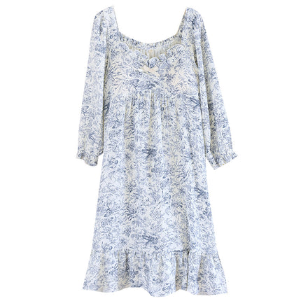 Spring and Summer Double-layer Yarn Nightdress with Chest Pad Autumn and Four Seasons Long Sleeve Bra-free Cup Crepe Casual Pajamas Home Dress