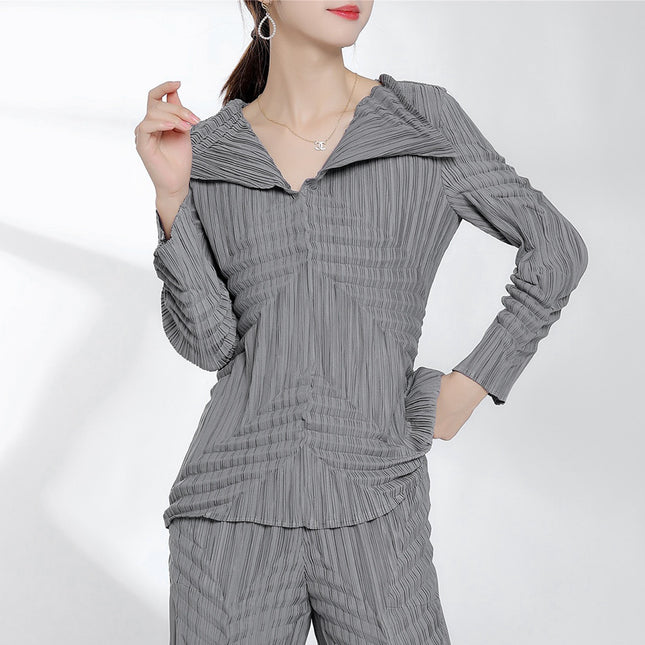 Miyake Design Hand-Pleated T-Shirt Tops for Women in Autum New Non-Stick Fur Non-Pilling Bottoming Shirt Long-Sleeved Women