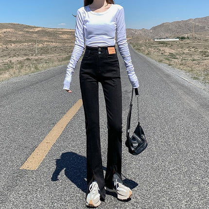 Fleece-Lined Thick Black Flared Jeans with Slits for Women, High-Waisted, Slimming, Autumn and Winter 2025 New Style, Extended Length Pants