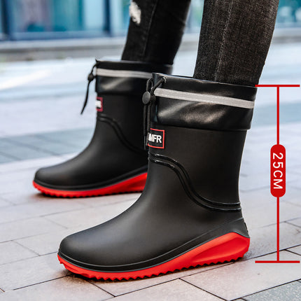 New Mid-Calf Rain Boots for Men, Adult Men's Waterproof Shoes, Rain Boots, Non-Slip Wear-Resistant Rubber Shoes, Plus Velvet Fashionable Kitchen Water Boots