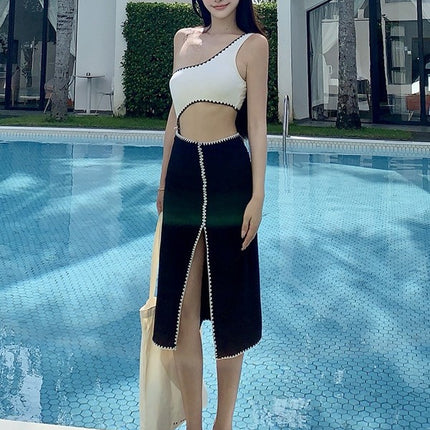 Summer New Style One-body Swimsuit Women's Simple High-end Pure Desire Style One-shoulder Long Dress Swimwear Women's Hot Springs