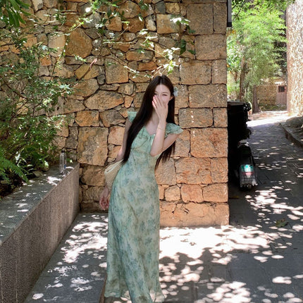 Green Ruffled Floral Dress Summer 2025 Seaside Vacation Wear Long Dress Summer Beautiful Little Skirt